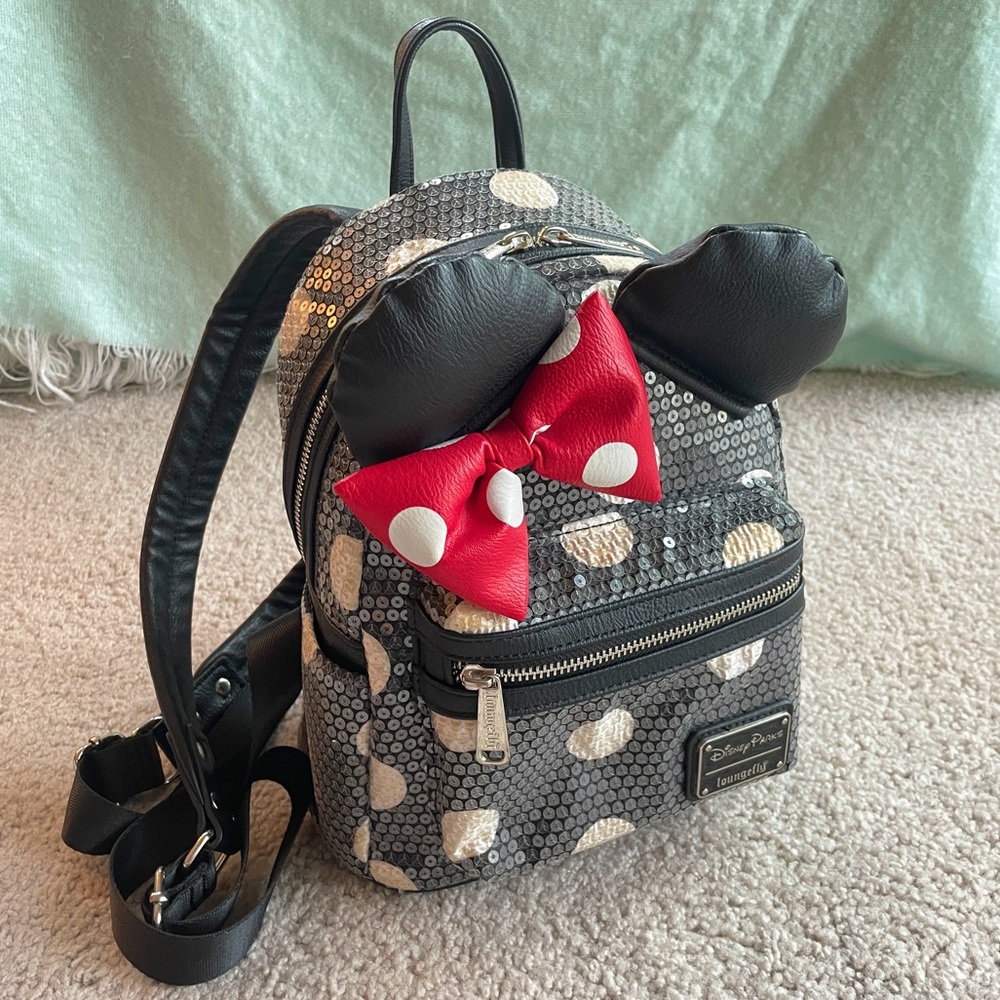 Disney Parks Loungefly Sequin Minnie Mouse Backpack Red Black Bow Polka Dots